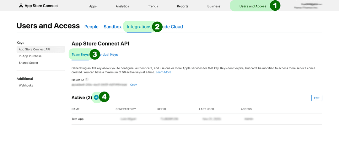 App Store Connect Users and Access, Integrations tab, Team Keys