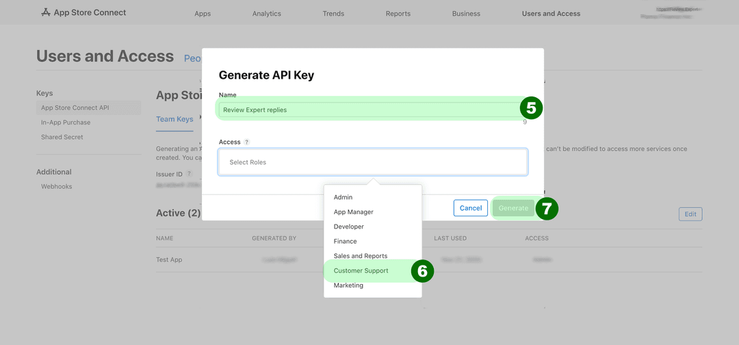Generating an App Store Connect API key named Review Expert