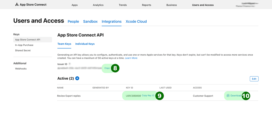 Issuer ID and Key ID on the App Store Connect API page